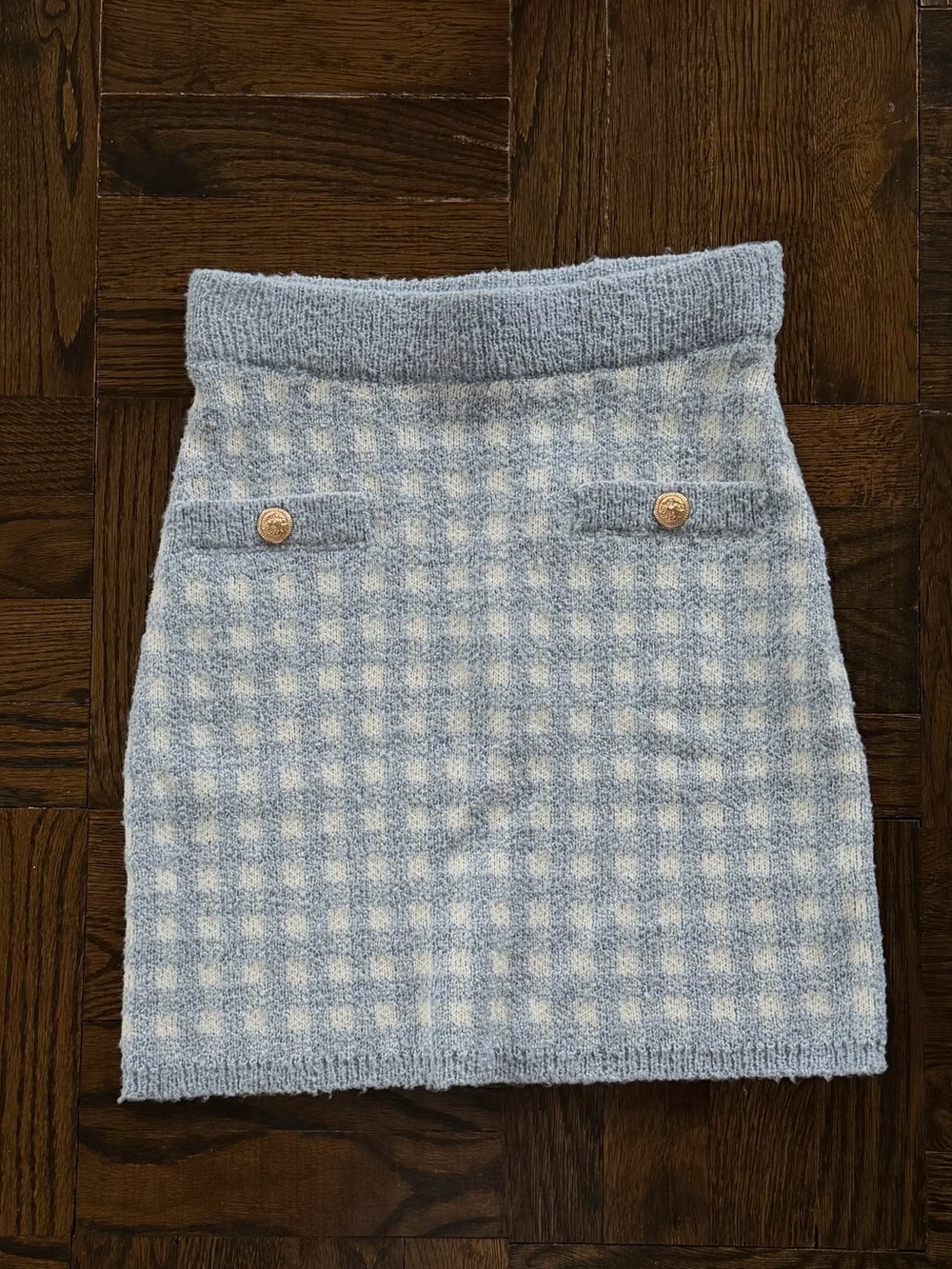 Aqua Light Blue & White Check Knit Mini Skirt